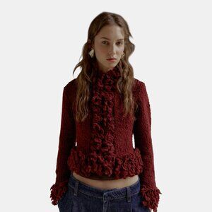 ZARA FRINGED KNIT CARDIGAN BURGUNDY NWT SIZE L